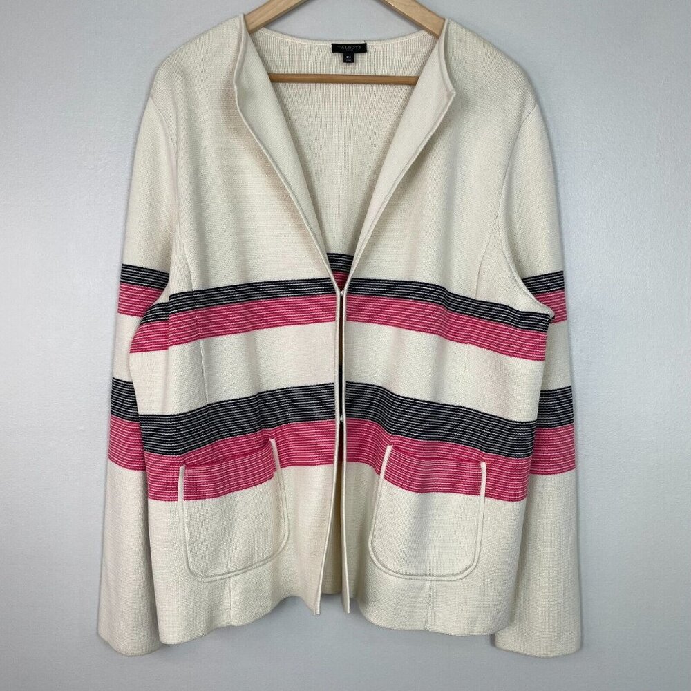 Talbots‎ Cardigan 2X Ivory Pink Navy Blue Strip Long Sleeve Sweater Women's